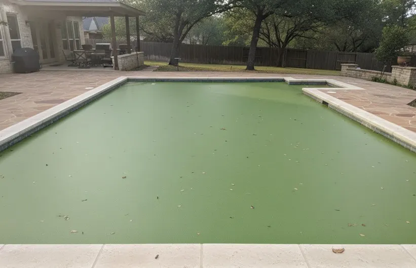 Pool before Escape's service — green, algae-filled water